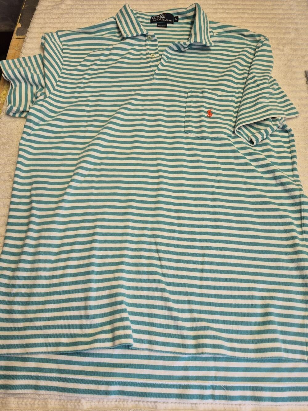 Polo By Ralph Lauren Mens Lrg 100% Cotton Blue / White Short Sleeve Pocket Shirt